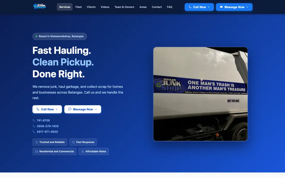 A small business website on a desktop screen